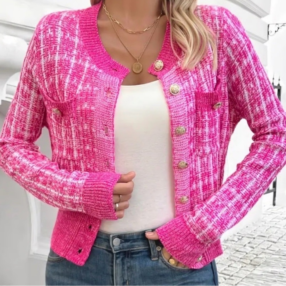Pink/White Button-Up Women's Sweater with Gold Button Detail